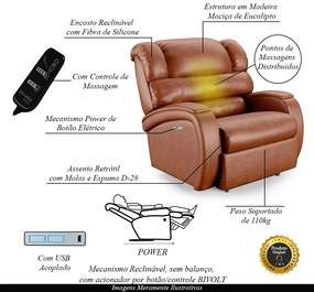 Poltrona do Papai Sala de Cinema Reclinável Kylie Elétrica Botão com Led Massagem USB PU Caramelo Brilho G23