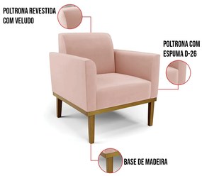 Poltrona Base de Madeira Fixa Castanho Marisa Veludo - Rose