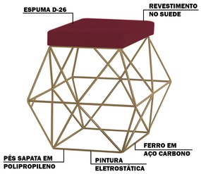 Puff Decorativo Sala de Estar Base Gold Trixie Suede Bordô G41 - Gran Belo