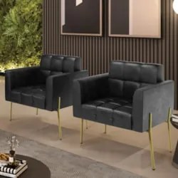 Poltrona Sala Pé Metal Dourado Kit 2 Ana Sintético PU Preto - Ibiza