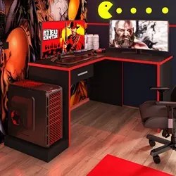 Mesa Gamer em L Para Computador DRX9000 Preto/Vermelho - Móveis Leão