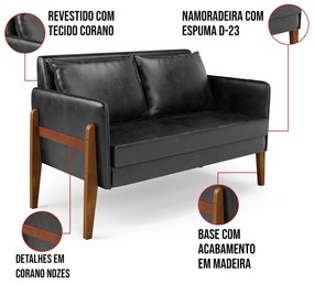 Sofá Namoradeira Lana Corano Base de Madeira D03 - D'Rossi - Preto