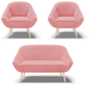 Kit 01 Namoradeira 02 Lugares e 02 Poltronas Giovana Suede Pés Palito Natural - D'Rossi - Rose