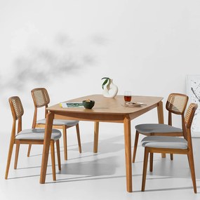 Conjunto Mesa de Jantar Lalá Retangular Carvalho Americano - 1,80mx1,00m + 4 Cadeira Lótus Encosto Palha Larga Linne - Cinza