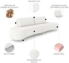 Sofá 3 Lugares 200cm Orgânico Pé Ferro Nagai Bouclê Branco Z55 - Mpoze