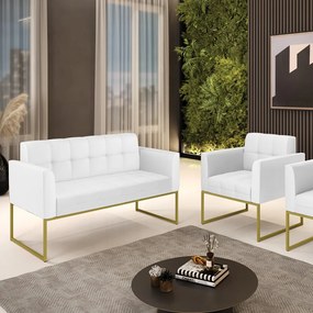 Kit 1 Sofá Namoradeira e 1 Poltrona Elisa Corino Base Metálica Industrial Dourado - D'Rossi - Branco