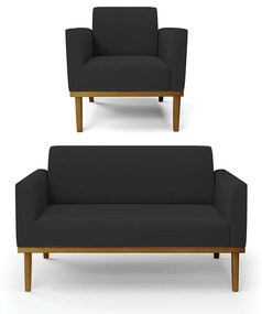 Conjunto Poltrona e Namoradeira Decorativas Karen Pés Fixo em Madeira Castanho Veludo Preto G19 - Gran Belo