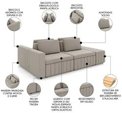 Sofá Ilha e Puff Sala Living 285cm Siesta M22 Veludo Bege  - Mpozenato