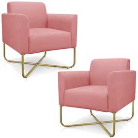 Kit 2 Poltronas Decorativas Isabella Base X Suede Rosê/Dourado G19 - Gran Belo