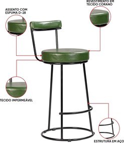 Banqueta Alta Cozinha 70cm Encosto Industrial Aço Kit 2 Ziria Pu S02 - D'Rossi - Verde