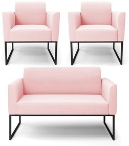 Sofá Namoradeira com 2 Poltronas Base Industrial Preto Marisa Suede D03 - D'Rossi - Rosa Bebê