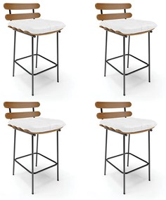 Kit 04 Banquetas Costela Corino Branco Base Metálica Preto - D'Rossi