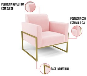 Poltrona Base Industrial Alta Dourado Marisa Suede Rosa Bebê D03 - D'Rossi