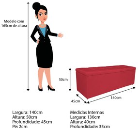 Calçadeira Estofada Manchester 140 cm Casal Suede Vermelho - ADJ Decor