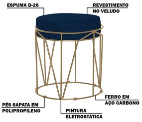 Kit 2 Puffs Decorativo Sala de Estar Base Gold Chloe Veludo Azul G41 - Gran Belo