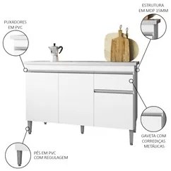Balcão Gabinete Com Pia Inox 120cm 3 Portas e 1 Gaveta Tatiane Branco