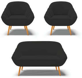 Kit 01 Namoradeira 02 Lugares e 02 Poltronas Giovana Veludo Pés Palito Castanho - D'Rossi - Preto