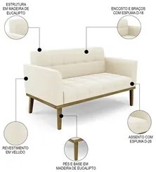 Sofá Namoradeira e 2 Poltronas Base Madeira Castanho Ana Veludo Bege -