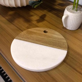 Tábua Decorativa Mármore Branco e Madeira 20 Cm - D'Rossi