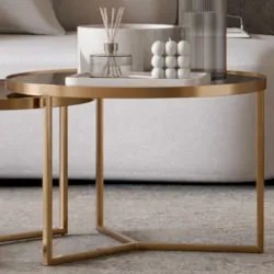 Mesa de Centro Redonda Alta Pé Metal Thor Espelho/Dourado E05 - Mpozen