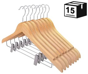 Kit 15 Cabides De Madeira Nobre Verniz Marfim com Presilha