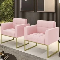 Poltrona Base Industrial Dourado Kit 2 Ana Suede Rosa Bebê - Ibiza