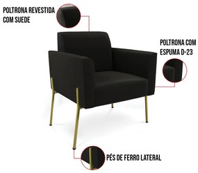 Poltrona Pé de Ferro Dourado Decorativa Marisa Suede D03 - D'Rossi - Preto