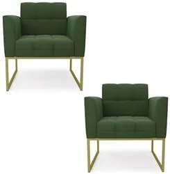 Poltrona Base Industrial Dourado Kit 2 Ana Suede Verde - Ibiza