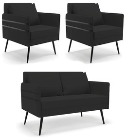 Kit 01 Namoradeira 02 Lugares e 02 Poltronas Mari Veludo Preto Pés Palito de Ferro