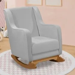 Poltrona Amamentação Base Madeira Balanço Vick Veludo Cinza F03 - Mpoz