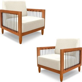 Kit 2 Poltronas Sala de Estar Pés Madeira Maciça Corda Náutica Preta 75cm Manila Linho Off White Rústico G63 - Gran Belo