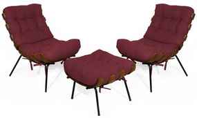 Kit 2 Poltronas Decorativa Costela Com Puff Costela Suede Bordô