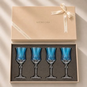 Kit 4 Taças de Cristal Flauta Lapidado 66 p/ Vinho Tinto c/ Caixa de Presente - Azul Claro Azul Claro