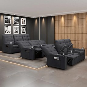 Poltrona do Papai Reclinável Sala de Cinema Movie 3 Lugares Manual Baú USB Veludo Cinza Grafite