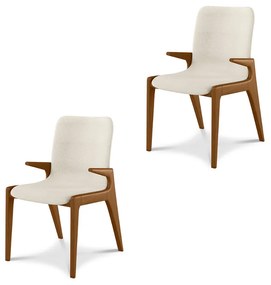Kit 2 Cadeiras Decorativas Sala de Jantar Madeira Maciça com Braço Pigeon Linho Bege/Mel G13 - Gran Belo