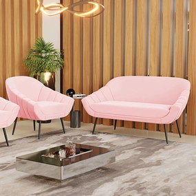 Kit 01 Namoradeira 02 Lugares e 01 Poltrona Giovana Suede Pés Palito de Ferro D03 - D'Rossi - Rosa Bebê