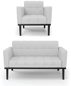 Conjunto Poltrona e Namoradeira Decorativa Karen Pés Fixo em Madeira Preto Linho Cinza G19 - Gran Belo