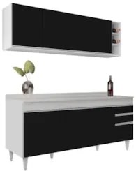 Armário Aéreo Nevada e Balcão 180cm com Tampo Dallas Branco/Preto - Lu