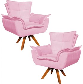 Kit 2 Poltronas Decorativas Base Giratória em Madeira Charger Suede Rosa G19 - Gran Belo