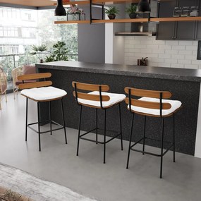 Kit 04 Banquetas Costela Corino Branco Base Metálica Preto - D'Rossi
