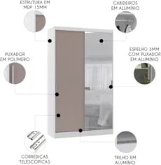 Guarda Roupa Solteiro 134cm Espelho Taiga Branco/Cinnamon L01 - Mpozen
