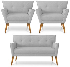 Kit 01 Namoradeira 02 Lugares e 02 Poltronas Anitta Linho Cinza A05 Pés Palito Castanho D03 - D'Rossi