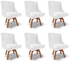 Kit 6 Cadeiras Decorativas Sala de Jantar Base Giratória de Madeira Firenze PU Branco Brilho/Natural G19 - Gran Belo