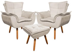 02 Poltronas e 01 Puff Pé Palito de Madeira Opala Suede D03 - D'Rossi - Bege