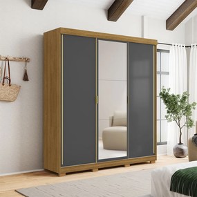 Guarda Roupa Casal Heros 3 Portas de Correr Dupla Face com Espelho MDF Nature/Chumbo G98 - Gran Belo
