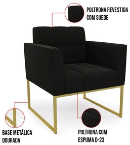 Kit 1 Sofá Namoradeira e 2 Poltronas Elisa Suede Base Metálica Industrial Dourado D03 - D'Rossi - Preto