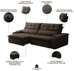 Sofá Retrátil 3 Lugares com Porta Copo 230cm Malta F05 Veludo Marrom E
