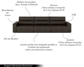 Sofá Retrátil 5 Lugares 374cm 3 Módulos Nero com USB Couro Marrom G52 - Gran Belo