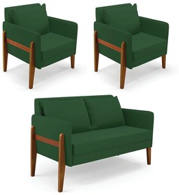 Kit 1 Sofá Namoradeira e 2 Poltronas Lana Veludo Verde Base de Madeira - D'Rossi