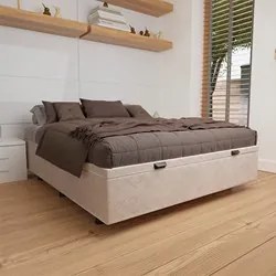 Base Box Baú para Cama Viúva 128x188cm Liz S05 Suede Bordado Bege - Mp